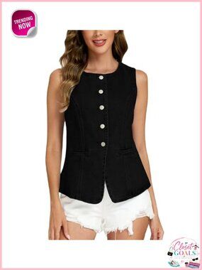 Womens Denim Vest Button Down Sleeveless Jean Waistcoat with Pockets